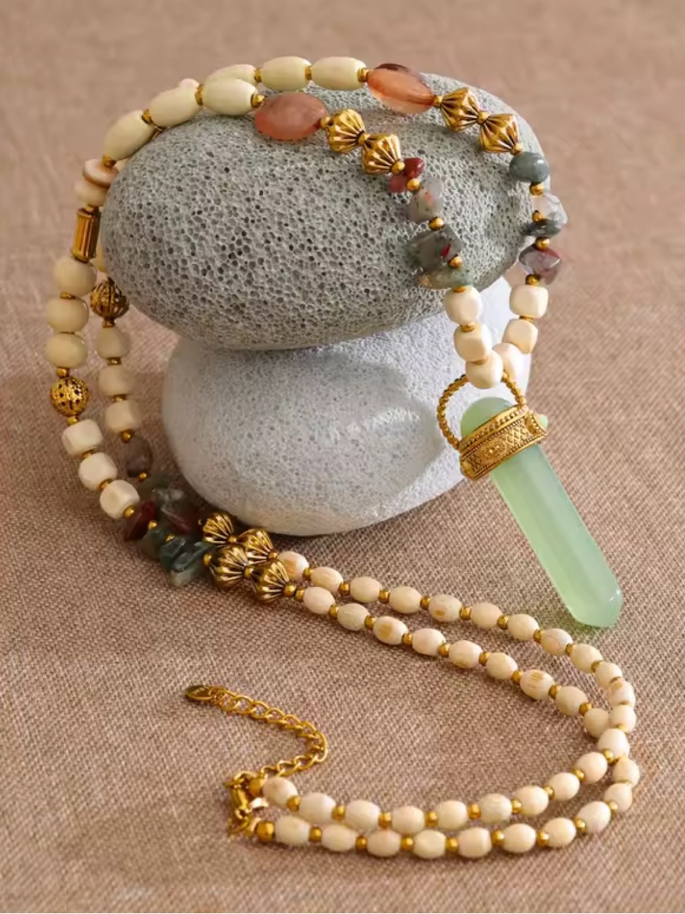 Whimsical Green Jade Beaded Necklace - Picture 2 of 15